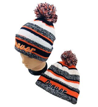 Knitted Hat with PomPom [Embroidered DENVER] Stripes